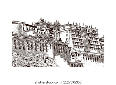 Potala Palace in Lhasa, China. Hand drawn sketch illustration in vector.