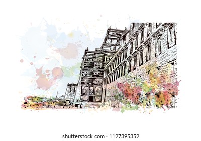Potala Palace in Lhasa, China. Watercolor splash with Hand drawn sketch illustration in vector.