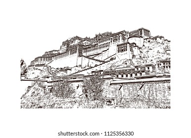 The Potala Palace in Lhasa, Tibet Autonomous Region, China. Hand drawn sketch illustration in vector.
