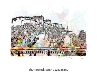 The Potala Palace in Lhasa, Tibet Autonomous Region, China. Watercolor splash with Hand drawn sketch illustration in vector.