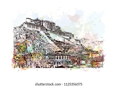 The Potala Palace in Lhasa, Tibet Autonomous Region, China. Watercolor splash with Hand drawn sketch illustration in vector.