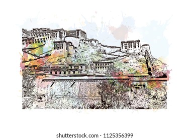 The Potala Palace in Lhasa, Tibet Autonomous Region, China. Watercolor splash with Hand drawn sketch illustration in vector.