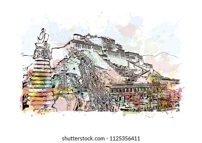 The Potala Palace in Lhasa, Tibet Autonomous Region, China. Watercolor splash with Hand drawn sketch illustration in vector.