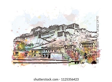 The Potala Palace in Lhasa, Tibet Autonomous Region, China. Watercolor splash with Hand drawn sketch illustration in vector.