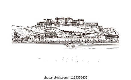 The Potala Palace in Lhasa, Tibet Autonomous Region, China. Hand drawn sketch illustration in vector.