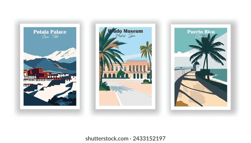 Potala Palace, Lhasa, Tibet. Prado Museum, Madrid, Spanien. Puerto Rico, Karibik - Set mit 3 Vintage Reiseplakaten. Vektorgrafik. Qualitativ hochwertige Ausdrucke