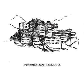 potala palace painting in Tibet. black and white hand drawn illustration of a palace in mountains