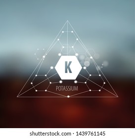 Potassium. Abstract drawing in modern style. Polygonal element on blurred background. Scientific research, medicine.