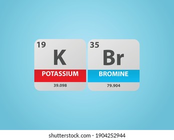 Potassium Bromide KBr molecule. Simple molecular formula consisting of Potassium, Bromine elements. Chemical compound simplified structure on blue background, for chemistry education 