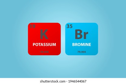 Kaliumbromid-KBr-Molekül. Einfache molekulare Formel bestehend aus Kalium, Bromin, Elementen. Chemische Verbindung vereinfachte Struktur auf blauem Hintergrund, für Chemieunterricht
