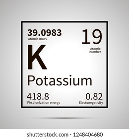 Potassium chemical element with first ionization energy, atomic mass and electronegativity values ,simple black icon with shadow on gray