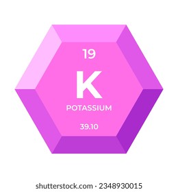 Potassium is chemical element number 19 of the Alkali metal group. Icon of chemical element of periodic table in 3d hexagon. Chemistry for children, elementary education.