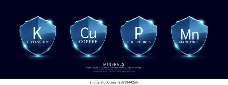 Potassium Copper Phosphorus Manganese in translucent glass shield modern. Minerals set on dark blue background. For design dietary supplement products. Medical health care protection concept. Vector.