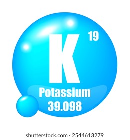 Potassium element. Atomic symbol K. Atomic number nineteen. Mass 39.098.