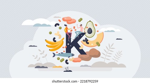 Potassium in food as natural mineral source for health tiny person concept. Healthy eating with organic nutrients and vitamins vector illustration. Nutrition rich diet for vegetarian daily lifestyle.