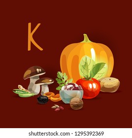 Potassium in food. Natural organic products with a high content of potassium. Healthy nutrition as the basis of a healthy lifestyle.