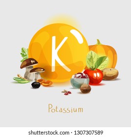 Potassium in food. Natural organic products with a high content of potassium. Healthy nutrition as the basis of a healthy lifestyle.