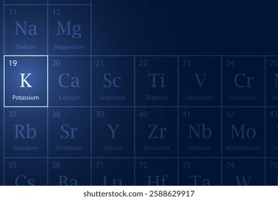 Potassium highlighted element in periodic table with glowing effect