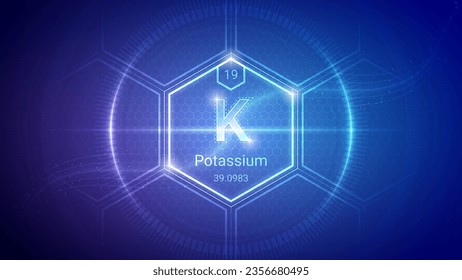 Potassium (K) (019) Alkali Metal - Fundamental Element Futuristic Neon Light Glow Hexagon Block Grid Background Design - Periodic Table, Chemical Symbol, Name, Atomic Mass, Atomic Number