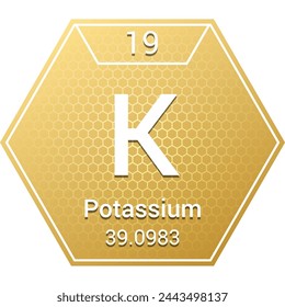 Kalium (K) (019) Alkalimetall - chemisches Grundelement, Periodensystem in der Chemie Symbol, Name, Atommasse, Zahl, Chemie Hexagon Logo Icon Design, weißer Hintergrund