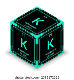 Potassium (K) (019) - Fundamental Element Futuristic Cybernetic Cube Block Isometric View, Icon Isolated White Background, Periodic Table, Chemical Symbol, Name, Atomic Mass, Atomic Number