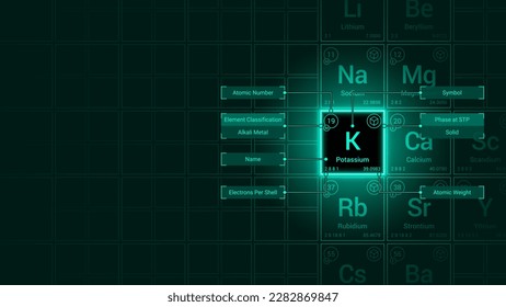 Potassium (K) Element Neon Light Glow Square Grid Background Design - Periodic Table, Chemical Symbol, Name, Atomic Weight, Atomic Number, Electron Shells, Classification, Phase at STP