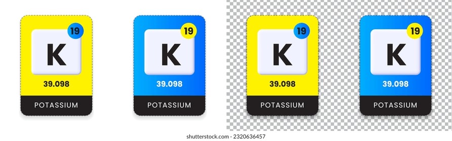Potassium K element in Periodic table with atomic number and mass. Chemistry infographic and print vector illustration. Can be used as sticker, chart, card and label template. 
