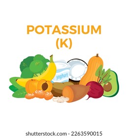 Potasio (K) en el vector de ícono alimentario. Ilustración vectorial de fuentes de alimento de potasio aislada en un fondo blanco. Patata, albaricoque, brócoli, remolacha, vectores de marihuana. Pila de comida fresca saludable para dibujar