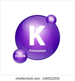 Estructura de icono de potasio (K) elemento químico forma redonda círculo púrpura. Vector de ilustración 3D. Elemento químico de la tabla periódica Signo con número atómico. Estudio en ciencia para la educación. 