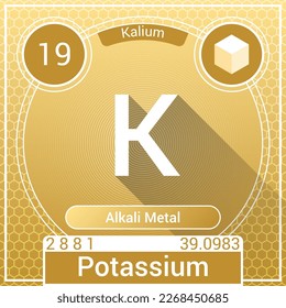 Elemento de potasio (K) (Kalium) - Metal álico - Tabla periódica, Símbolo químico, nombre, peso atómico, número atómico, conchas eléctricas, clasificación, fase en STP - Diseño de icono de logotipo químico