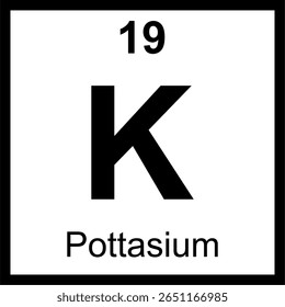Tabela periódica de elementos de potássio (K) ladrilhada. Ícone com número atômico 19. Metal alcalino e nutriente essencial, também conhecido como Kalium. Educação científica.