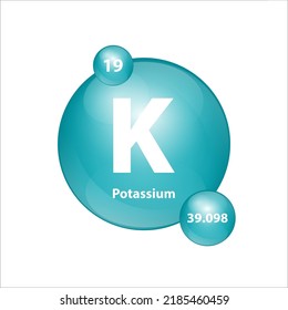 Potassium, Kalium (K) icon structure chemical element round shape circle green dark, blue. Chemical element of periodic table Sign with atomic number. Study in science for education. 3D Illustration .