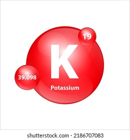 Potassium, Kalium (K) icon structure chemical element round shape circle red easily.  Chemical element of periodic table Sign with atomic number. Study in science for education. 3D Illustration.