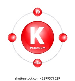 	
Kalium, Kalium (K) Icon Struktur chemischen Element rund Form Kreis hellrot mit Surround-Ring. 3D-Illustrationsvektor. Die Periodenzahl zeigt den Energiegehalt von Elektron. Studiere Wissenschaft.