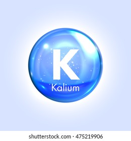 Kaliummineralblau-Symbol. Vektor 3D glänzende Tropfen Kapsel Kalium Mineral- und Vitaminkomplex. Heilmittel und Nahrungsergänzungsmittel