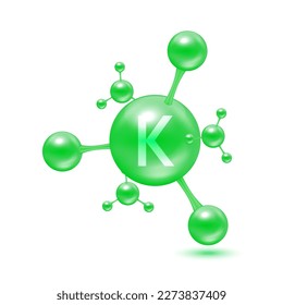 Kaliummineralien in Form von Atommolekülen grünglänzend. Kalium-Symbol 3D einzeln auf weißem Hintergrund. Mineralische Vitamine Komplex. Medizinisches und wissenschaftliches Konzept. Vektorgrafik EPS10.