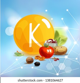 Potassium. Natural organic products with a high content of trace elements Potassium nd the conventional sign Vitamin K on a modern background with polygonal elements.