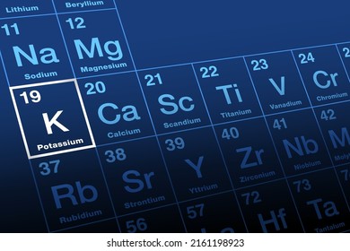 Potassium On Periodic Table Of The Elements. Alkali Metal With Symbol K From Neo-Latin Kalium, And With Atomic Number 19. Essential For All Living Cells. Good Sources Are Fresh Fruits And Vegetables.