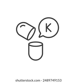 Potassium pill capsule linear icon, nutritional supplement, healthcare concept, pharmaceutical industry, isolated linear vector illustration