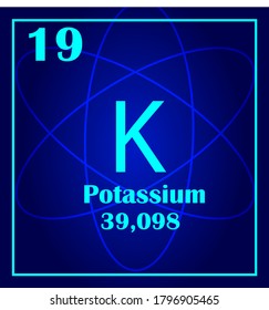 Potassium simple style tile icon. Chemical element of periodic table. Atom on a blue background