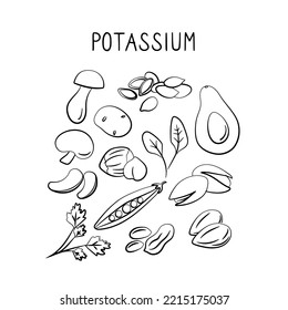 Potassium-containing food. Groups of healthy products containing vitamins and minerals. Set of fruits, vegetables, meats, fish and dairy