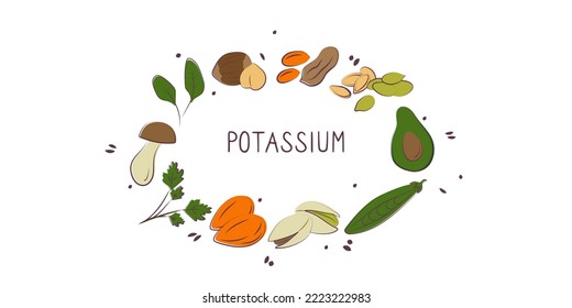 Potassium-containing food. Groups of healthy products containing vitamins and minerals. Set of fruits, vegetables, meats, fish and dairy.