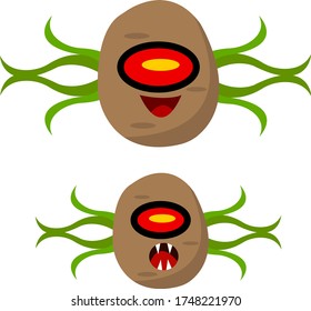 Potato alien cartoon character with green tentacles halloween concept and mysticism object on a white background.