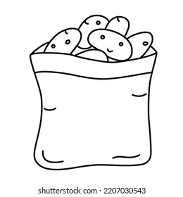 Potato bag doodle icon, vector illustration of a sack with potatoes, food market product, isolated outline clipart on white background