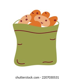 Potato bag icon, vector illustration of a sack with brown potatoes, food market product doodle , isolated colored clipart on white background