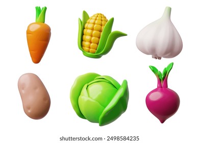 Potato, beets, garlic, corn, cabbage and carrot 3D plastic style vector icons set. Glossy raw whole vegetables, volumetric vegetarian natural healthy organic plant food. Farm game asset