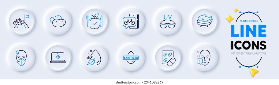 Potato, Bike app and Water drop line icons for web app. Pack of Sick man, Hand sanitizer, Medical help pictogram icons. Mountain bike, Vegetarian food, Seafood signs. Face attention. Vector