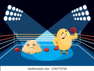 Potato box-fighter won pasta box-fighter and show his satisfied face and demonstrate his muscles, while pasta is dizzy and lost orientation.
