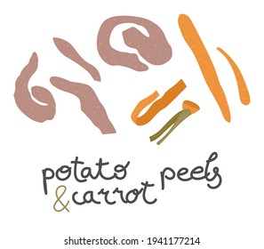 Potato and carrot peels illustration with hand drawn text. Isolated on white background.