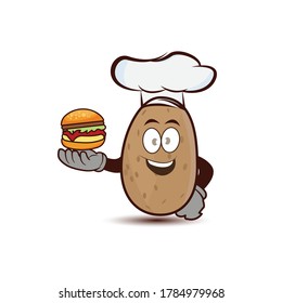 Potato cartoon character with a burger and a chef hat on a white background. Design template Vector